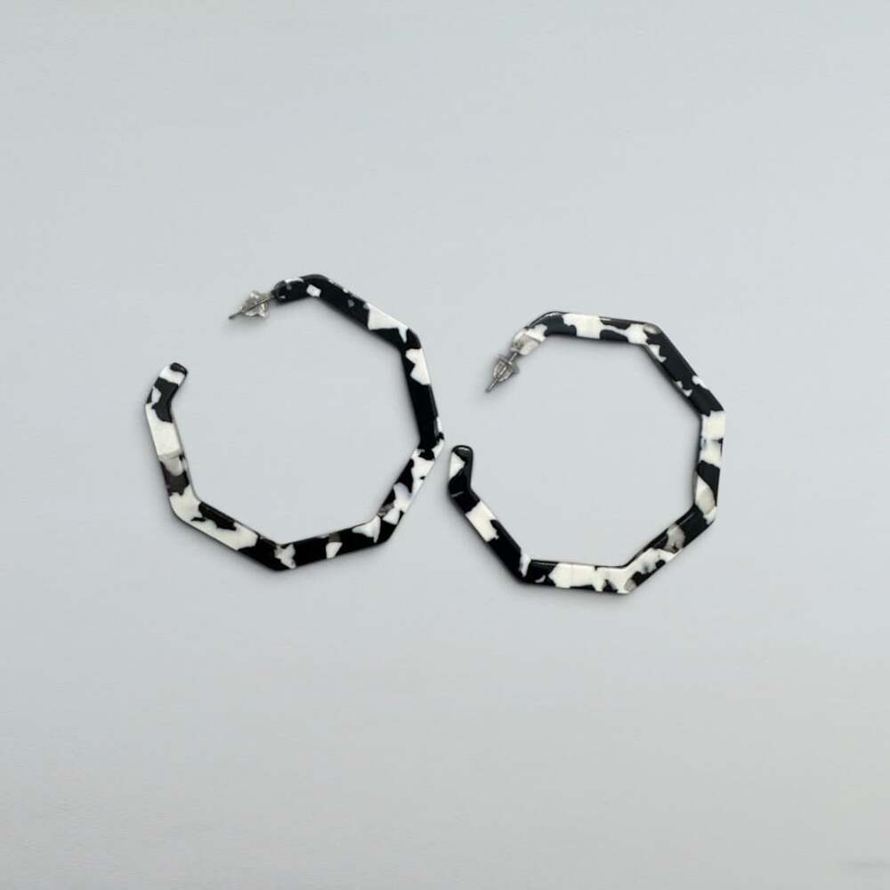 Black White Marbled Geometric Hoop Earrings 2 Inch Statement